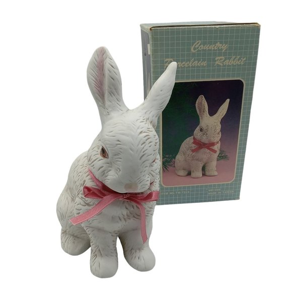 VTG Country Porcelain Bunny Rabbit With Pink Ribbon TW7353 Easter Centerpiece - Picture 1 of 11